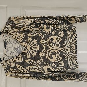 New Pierre Women's Long Sleeve Shimmery V-Neck Sweater Gold Black Large Holiday